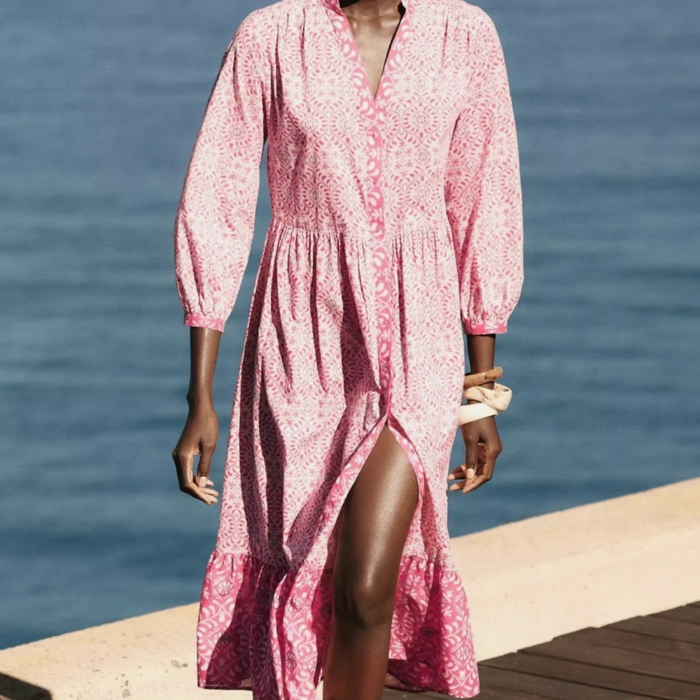 Zara Pink Patterned Midi Dress, Small